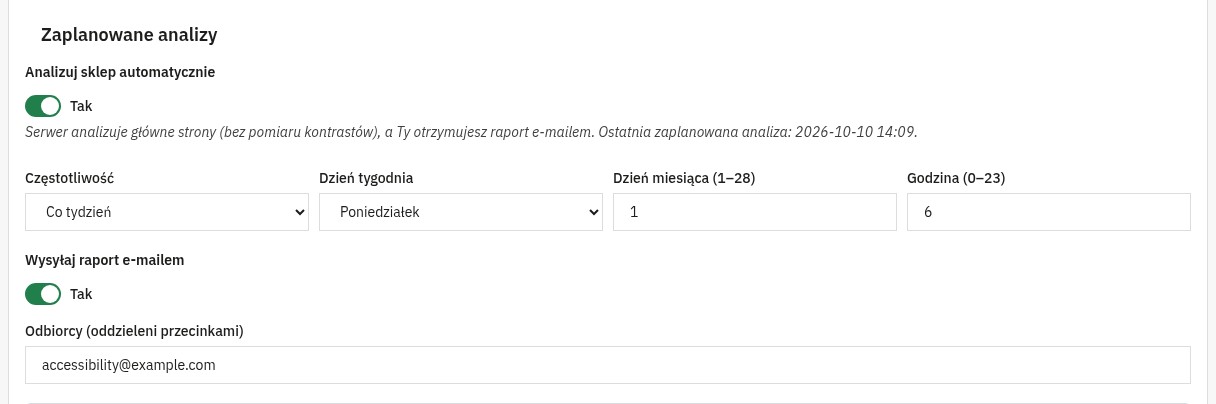 Ustawienia zaplanowanych analiz: częstotliwość, dzień i godzina, wysyłanie raportu e-mailem i odbiorcy.