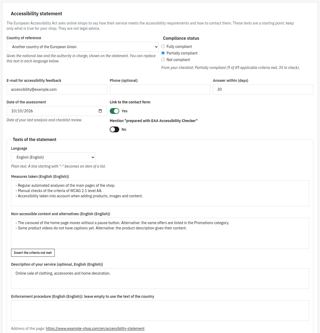 Settings of the accessibility statement: country of reference with the law and the authority prefilled, compliance status, contact e-mail, response time and texts per language.