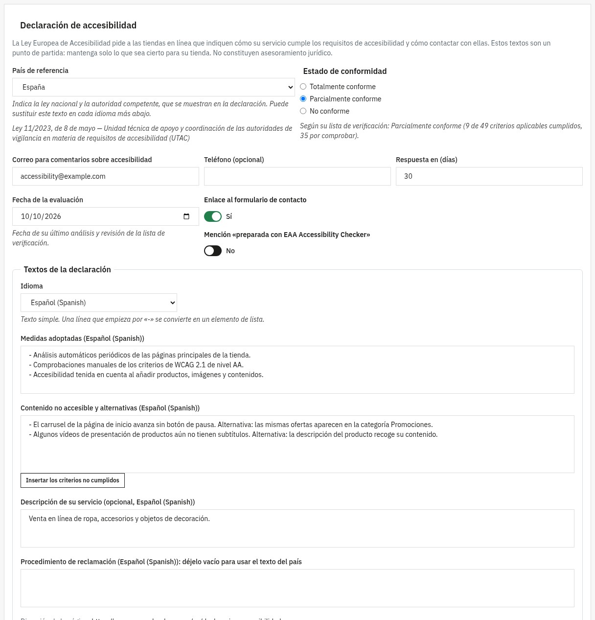 Ajustes de la declaración de accesibilidad: país de referencia con la ley y la autoridad prerrellenadas, estado de conformidad, correo de contacto, plazo de respuesta y textos por idioma.