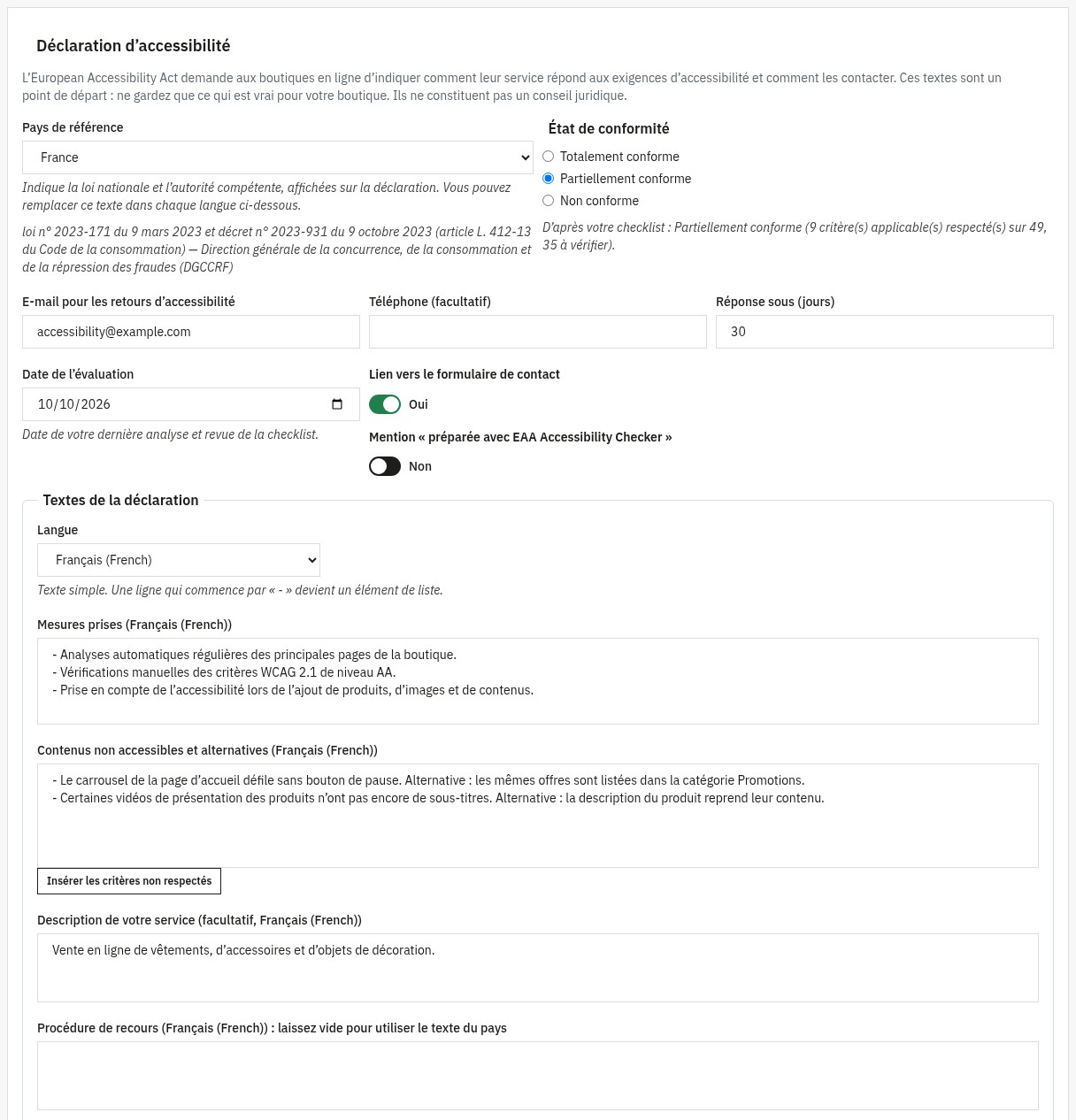 Réglages de la déclaration d’accessibilité : pays de référence avec la loi et l’autorité préremplies, état de conformité, e-mail de contact, délai de réponse et textes par langue.