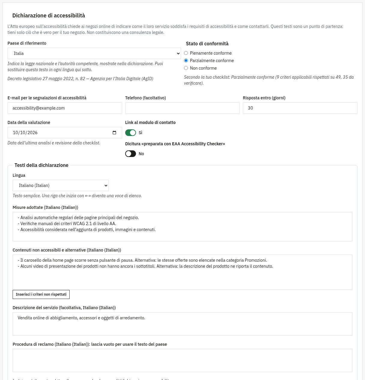 Impostazioni della dichiarazione di accessibilità: paese di riferimento con la legge e l’autorità precompilate, stato di conformità, e-mail di contatto, tempi di risposta e testi per lingua.