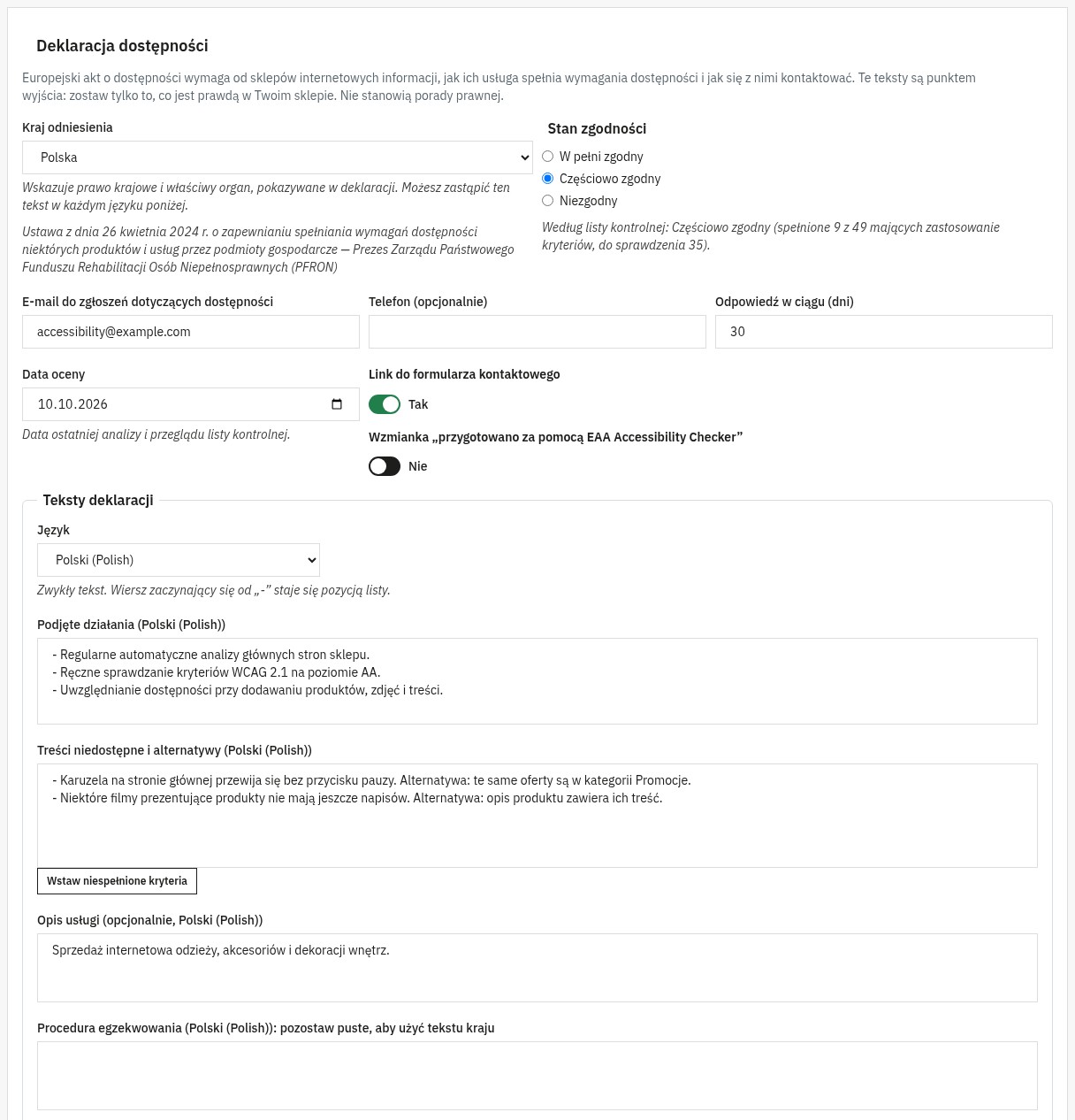 Ustawienia deklaracji dostępności: kraj odniesienia z wypełnioną ustawą i organem, stan zgodności, e-mail kontaktowy, czas odpowiedzi i teksty dla każdego języka.