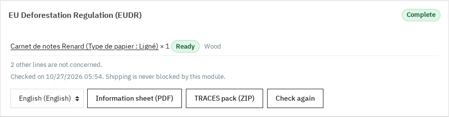 EUDR panel of a PrestaShop order: complete status, a concerned line ready, and the buttons Information sheet PDF, TRACES pack ZIP and Check again.