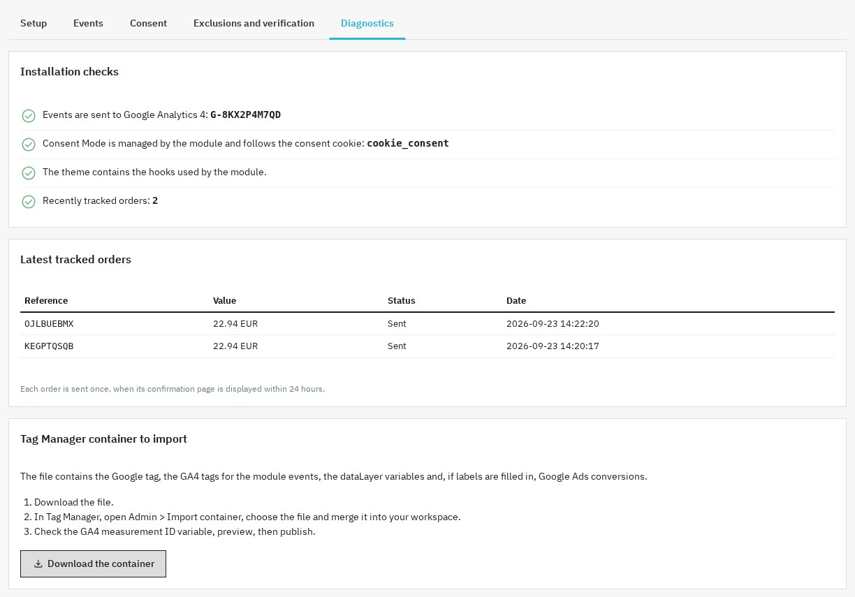 Diagnostics: installation checks, latest tracked orders and Tag Manager container