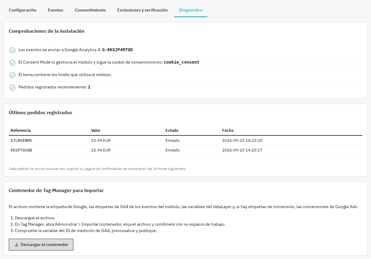 Diagnóstico: controles de la instalación, últimos pedidos seguidos y contenedor de Tag Manager