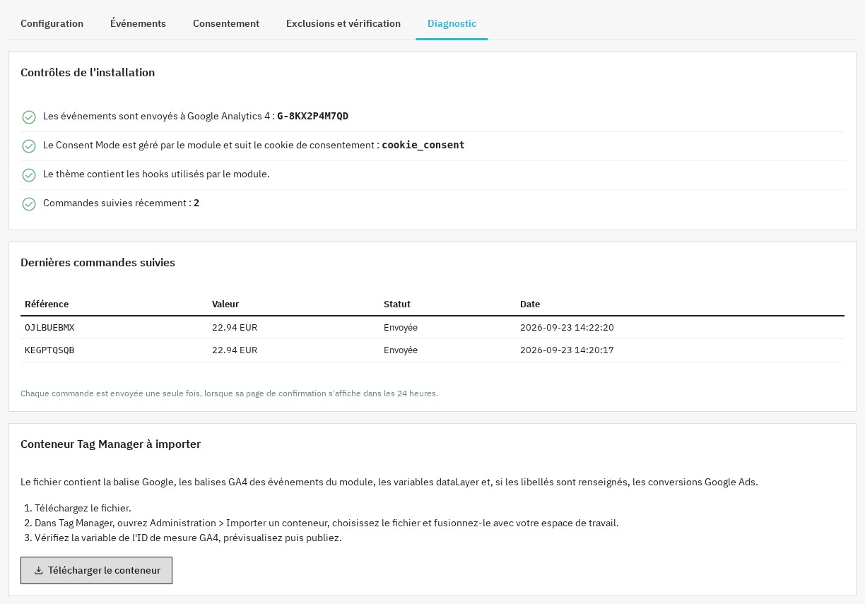 Diagnostic : contrôles de l'installation, dernières commandes suivies et conteneur Tag Manager