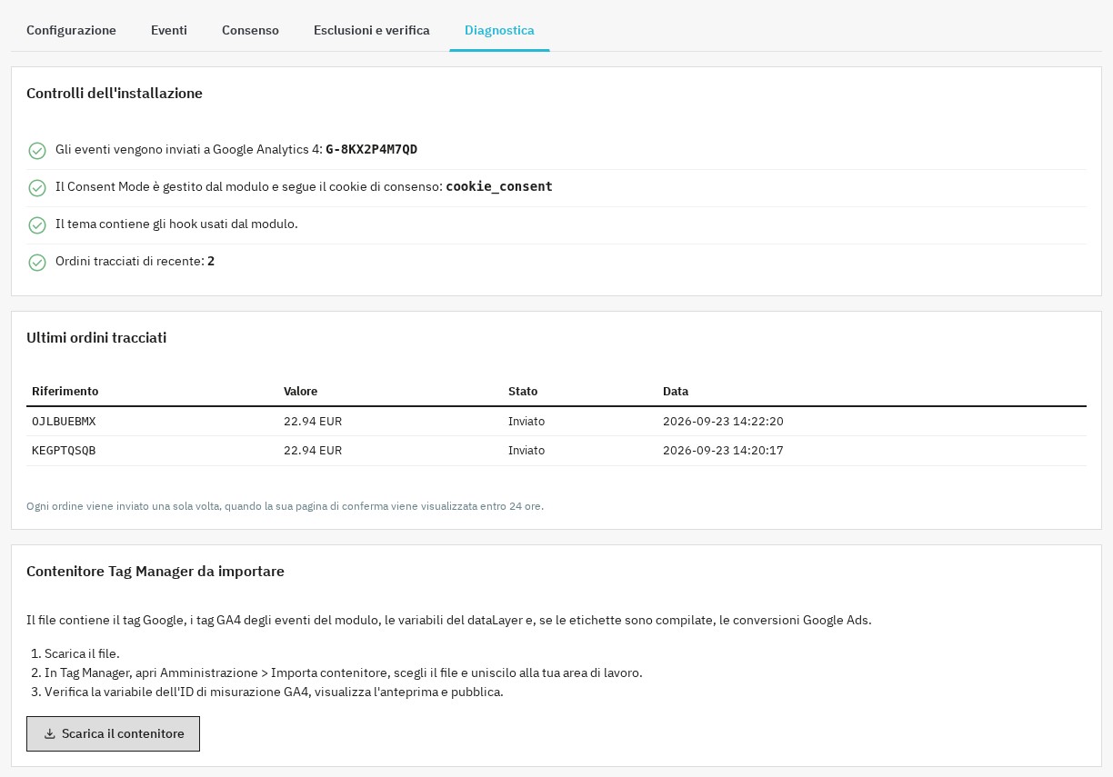 Diagnostica: controlli dell'installazione, ultimi ordini tracciati e contenitore Tag Manager