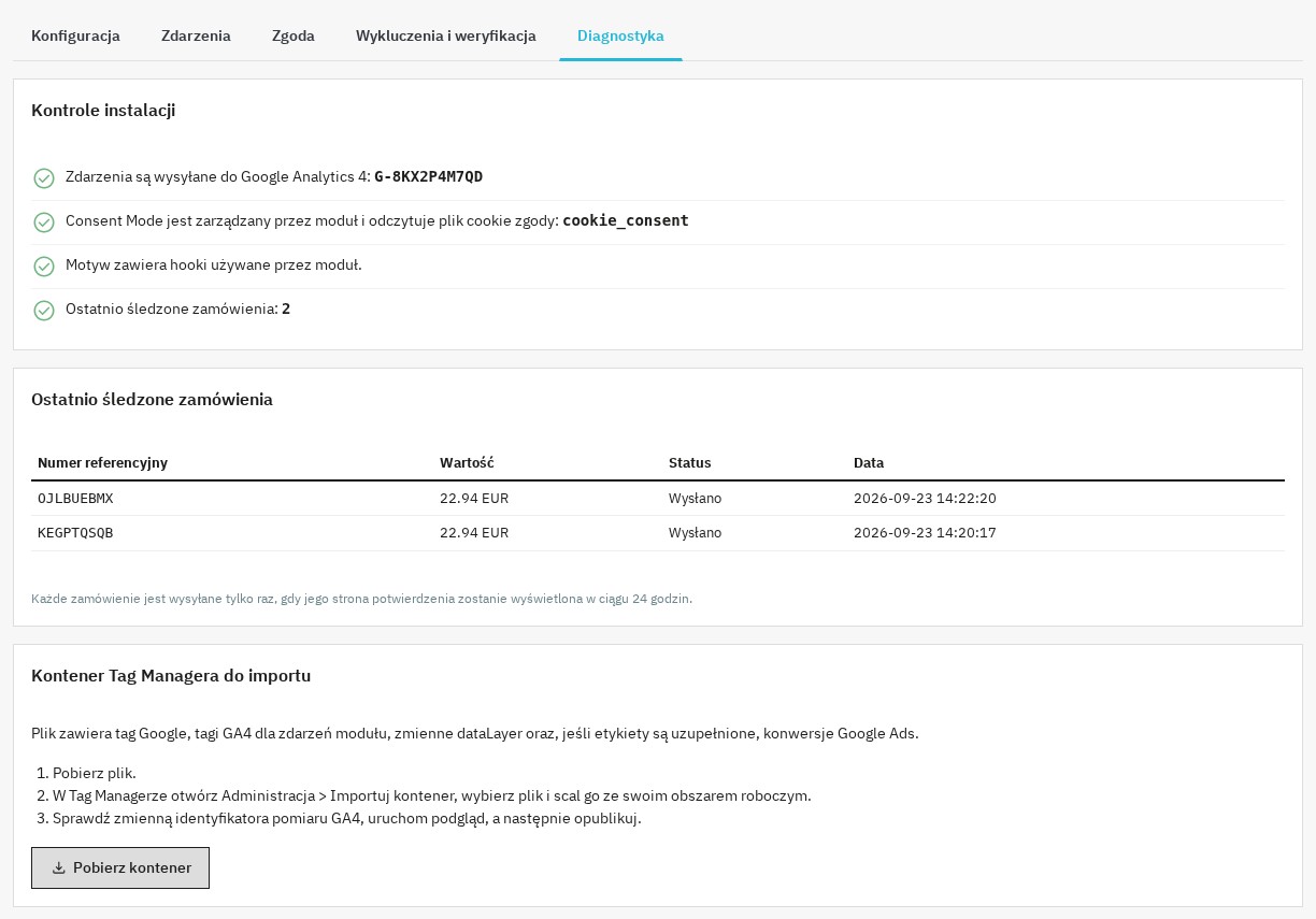 Diagnostyka: kontrola instalacji, ostatnio śledzone zamówienia i kontener Tag Managera