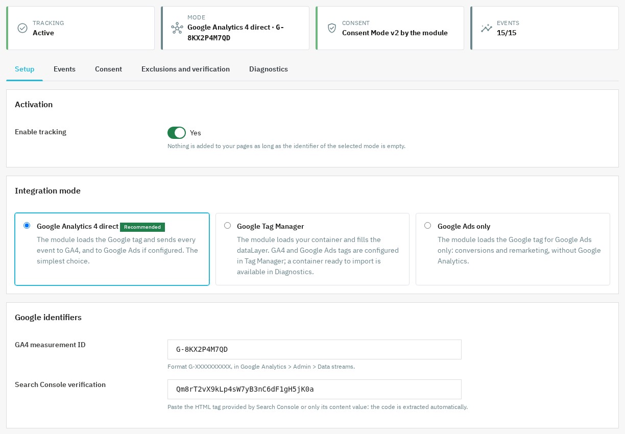 Integration mode and Google identifiers in the module