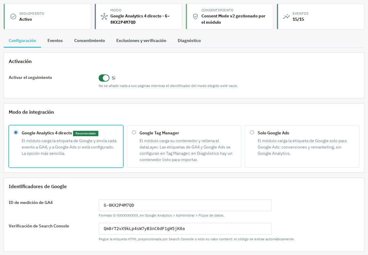 Elección del modo de integración e identificadores de Google en el módulo
