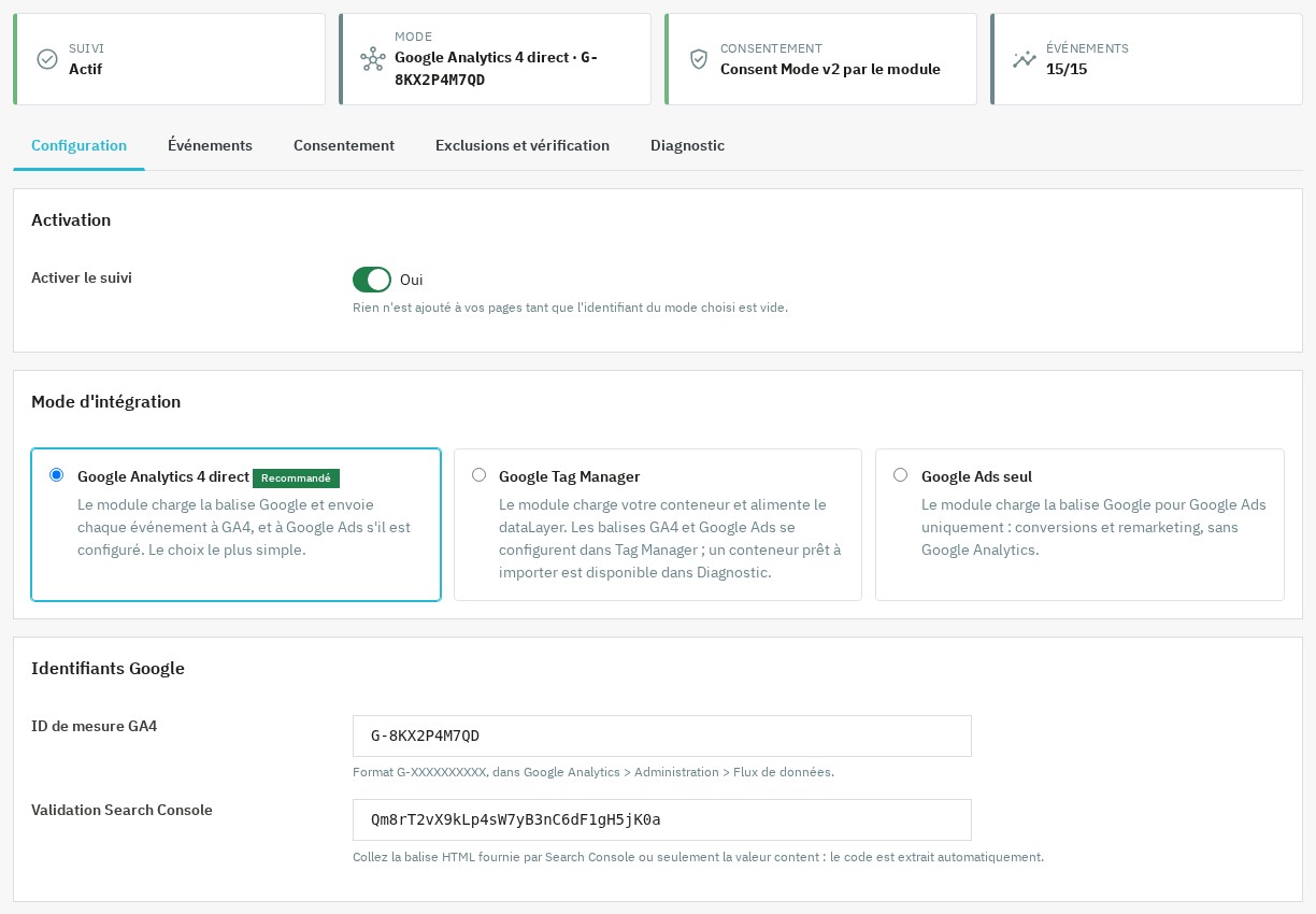 Choix du mode d'intégration et identifiants Google dans le module