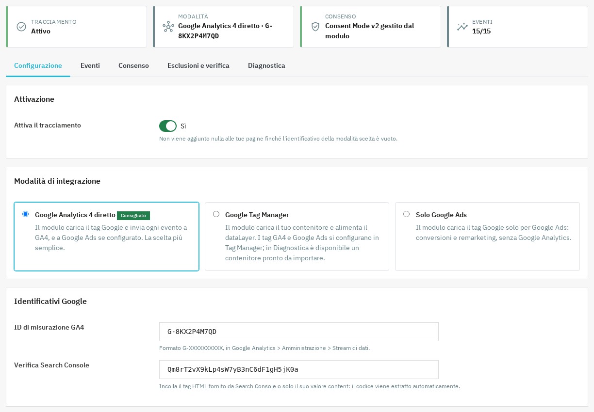 Scelta della modalità di integrazione e identificativi Google nel modulo