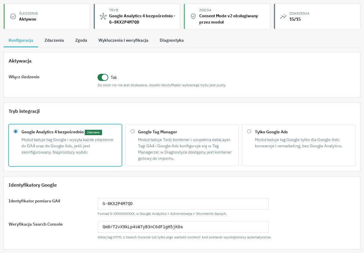 Wybór trybu integracji i identyfikatory Google w module