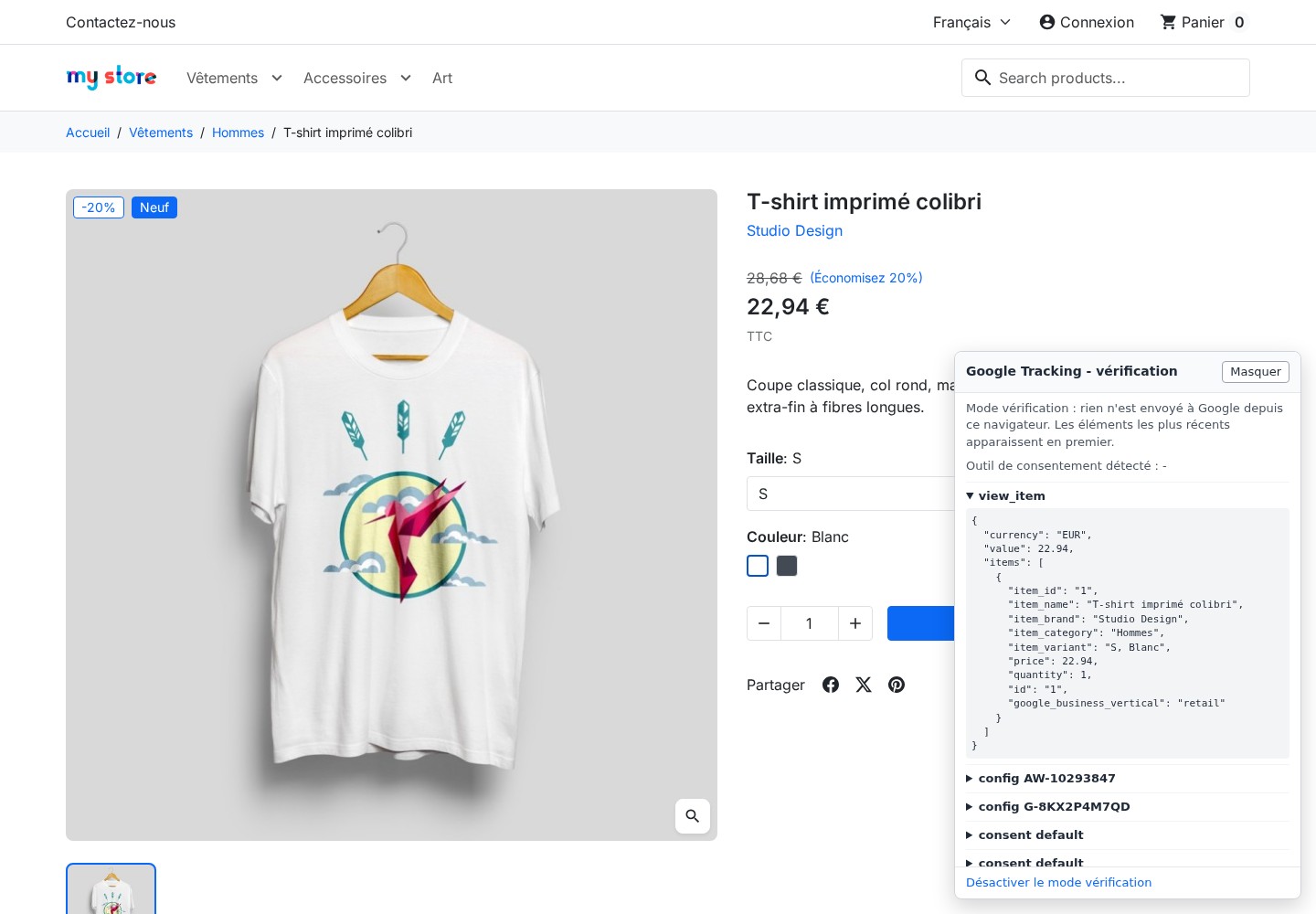 Mode vérification : les événements calculés s'affichent dans la boutique sans être envoyés à Google