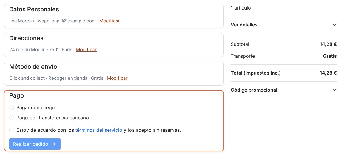 Secciones completadas plegadas con su resumen (nombre y correo, dirección, transportista) y un enlace Modificar, con la sección de pago abierta