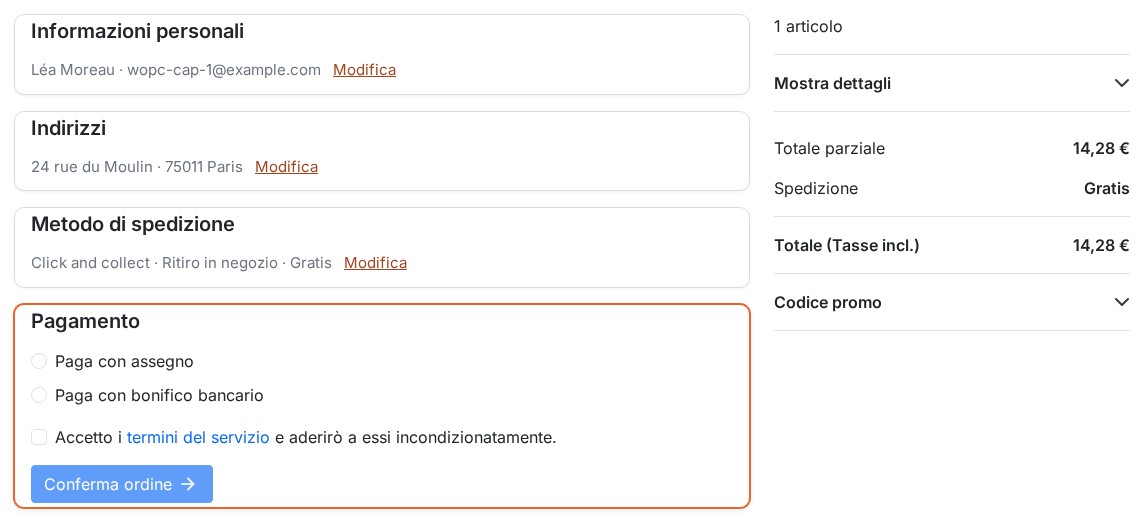Sezioni completate richiuse con il loro riepilogo (nome ed e-mail, indirizzo, corriere) e un link Modifica, con la sezione del pagamento aperta