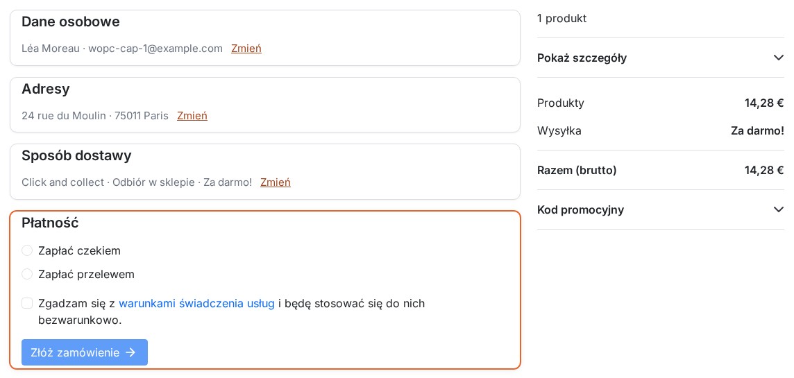 Ukończone sekcje zwinięte z podsumowaniem (imię i e-mail, adres, przewoźnik) i linkiem Zmień, sekcja płatności otwarta