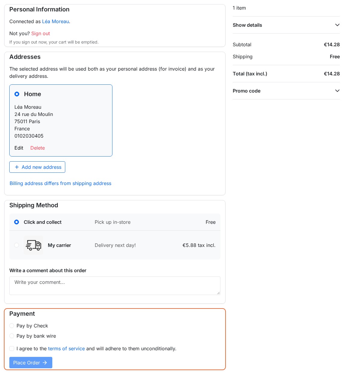 Checkout of a signed-in customer: personal information and address completed, carriers chosen, payment methods displayed, order summary on the right