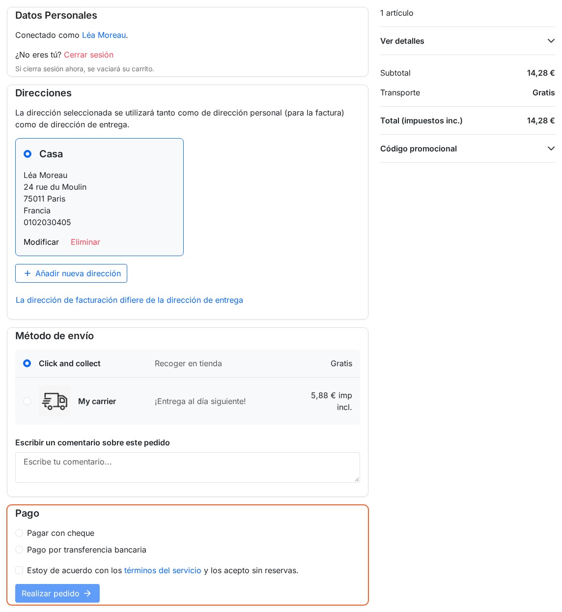Compra de un cliente identificado: información personal y dirección completadas, transportistas elegidos, métodos de pago mostrados y resumen del pedido a la derecha