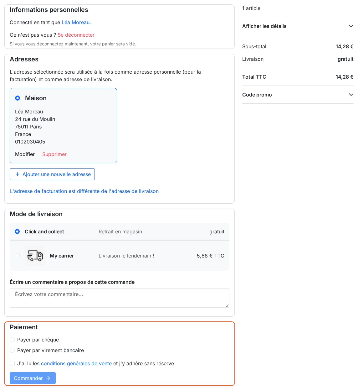 Commande d’un client connecté : informations personnelles et adresse terminées, transporteurs choisis, moyens de paiement affichés, récapitulatif à droite