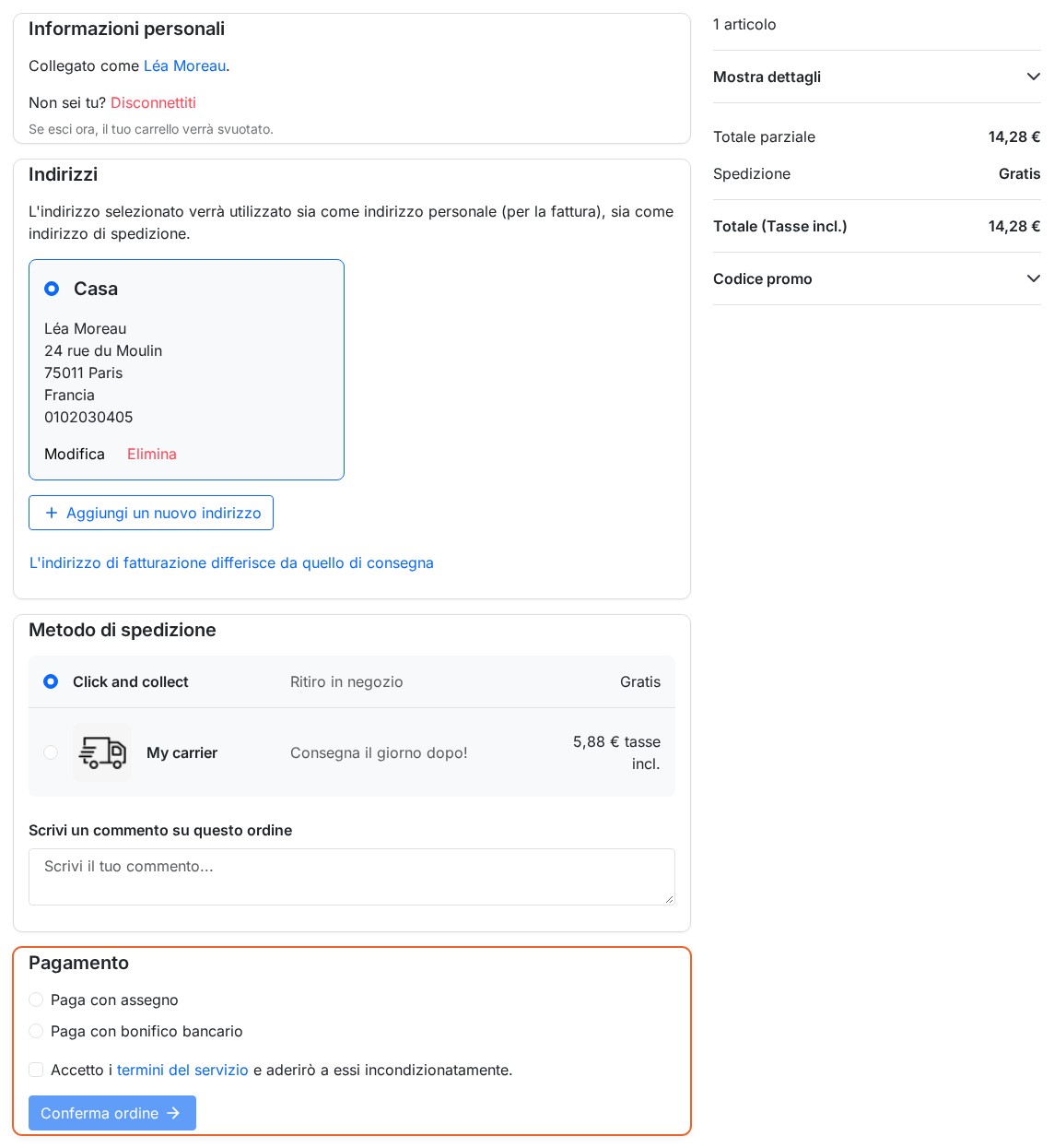 Checkout di un cliente connesso: informazioni personali e indirizzo completati, corrieri scelti, metodi di pagamento mostrati e riepilogo dell'ordine a destra