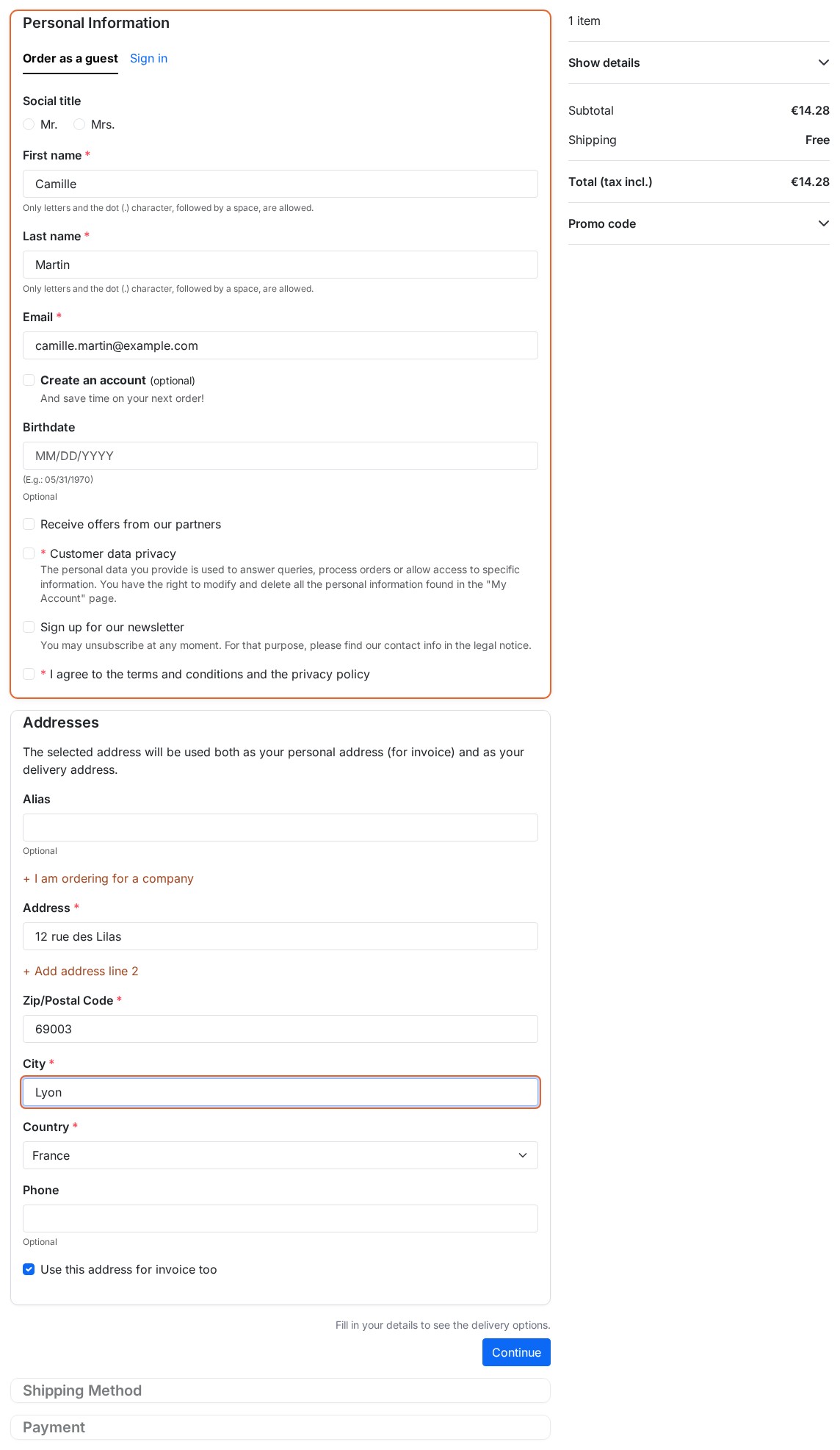 PrestaShop checkout page for a new customer: contact details and address in a single block, one Continue button, and the Shipping and Payment sections waiting below