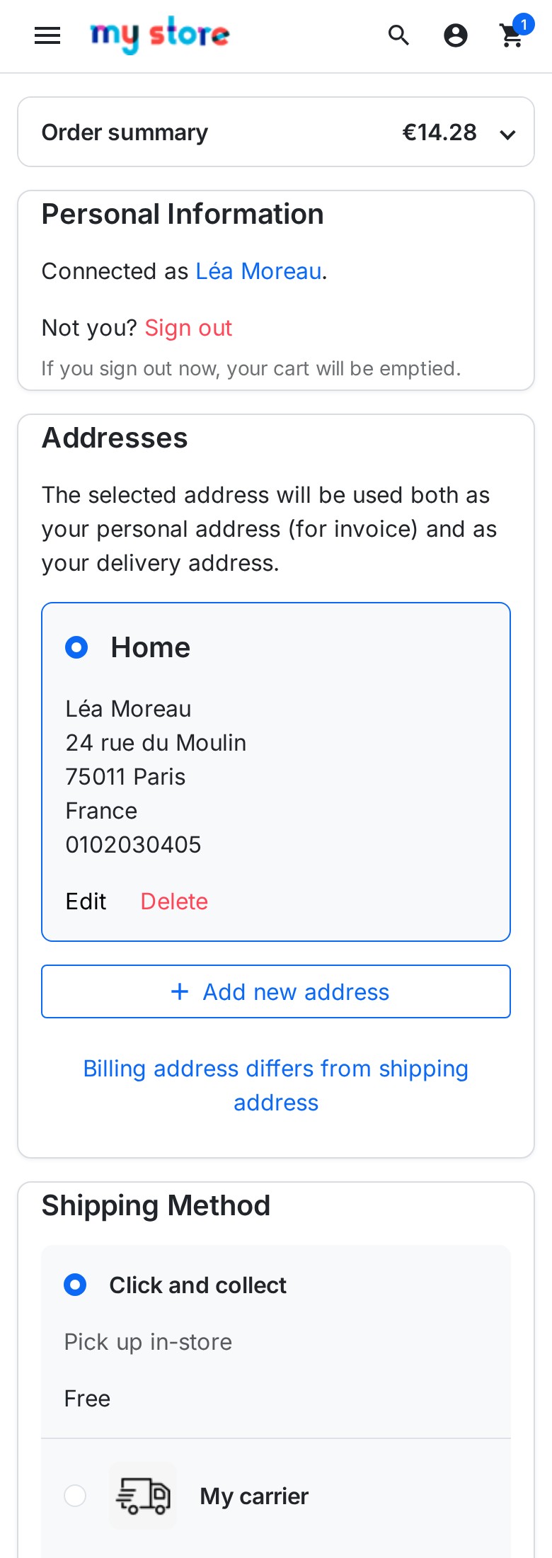 Checkout page on a phone: summary bar with the total visible, then the sections of the order