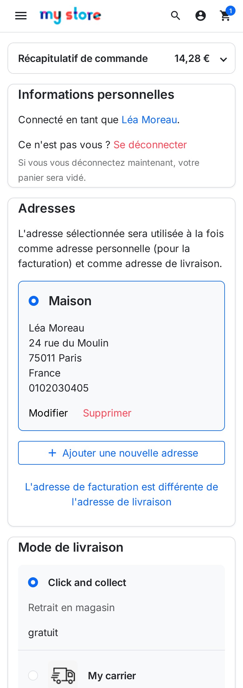 Page de commande sur téléphone : barre de récapitulatif avec le total visible, puis les sections de la commande