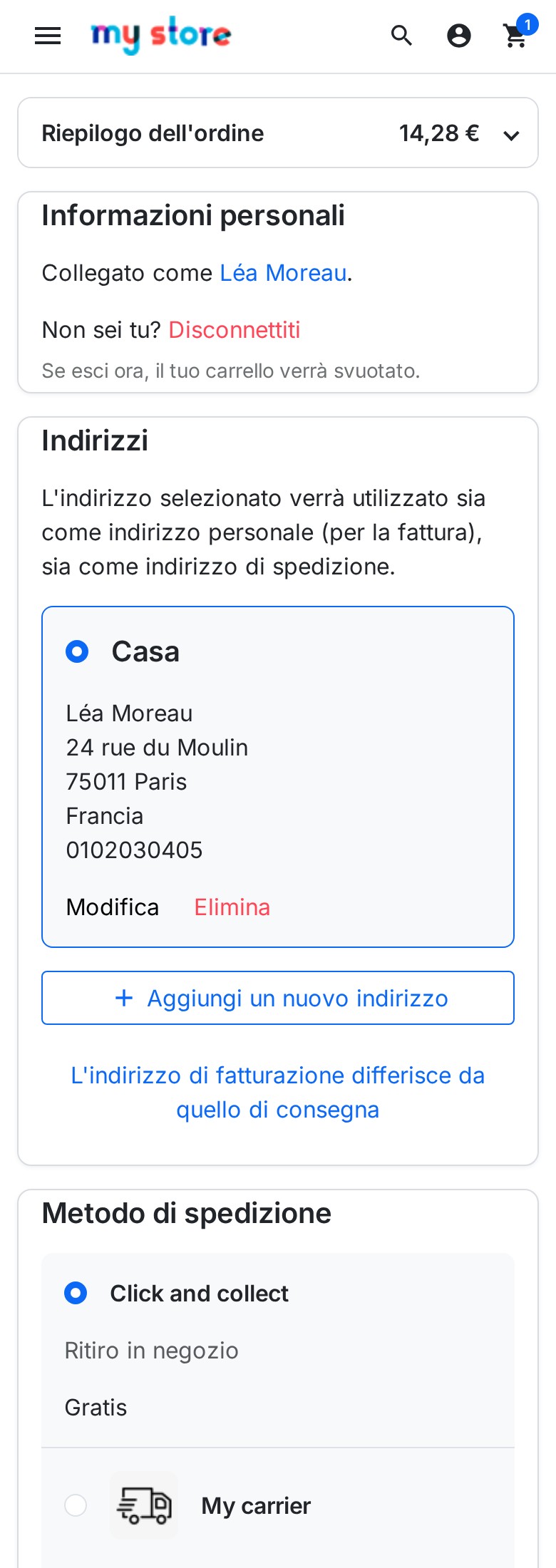 Pagina di checkout su smartphone: barra del riepilogo con il totale visibile, poi le sezioni dell'ordine