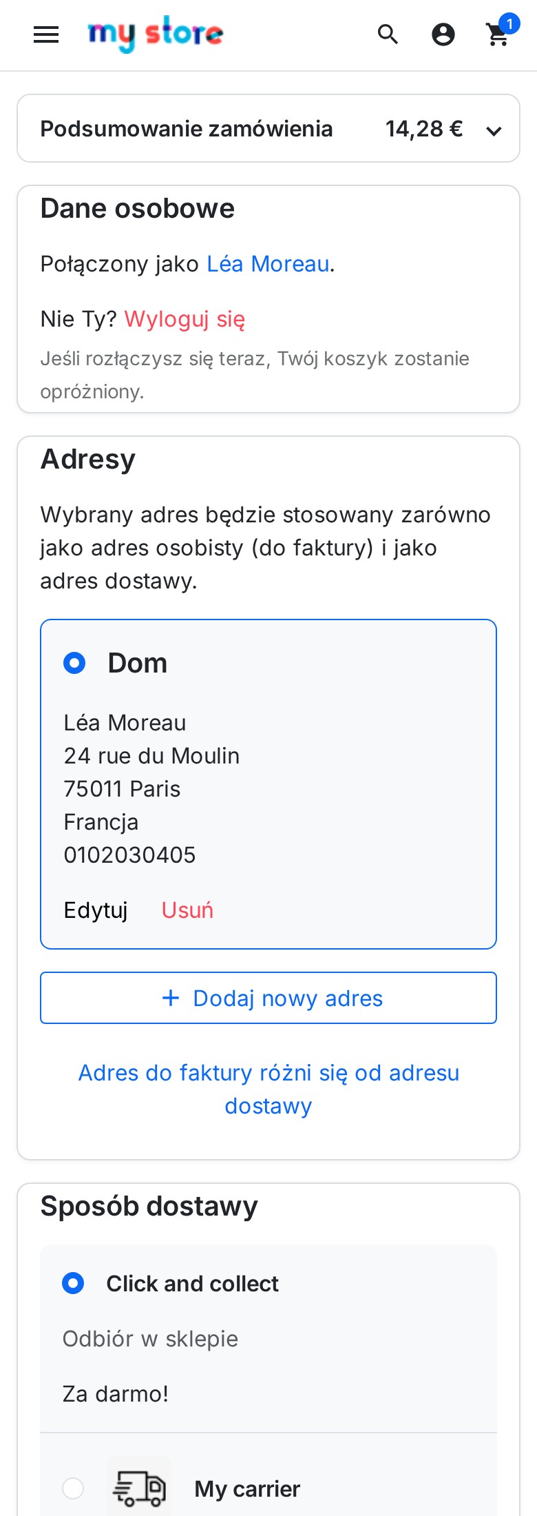 Strona zamówienia na telefonie: pasek podsumowania z widoczną sumą, a pod nim sekcje zamówienia