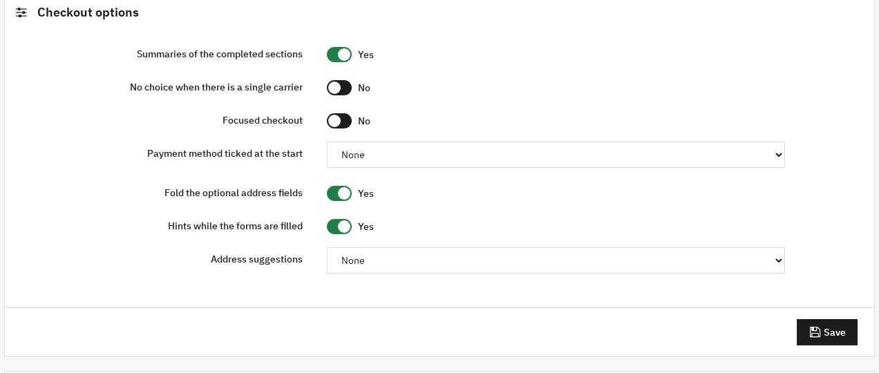 Checkout options panel: section summaries, single carrier, focused checkout, payment method ticked, folded fields, typing hints and address suggestions