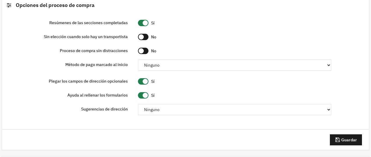 Panel Opciones del proceso de compra: resúmenes de las secciones, transportista único, proceso sin distracciones, método de pago marcado, campos plegados, ayuda al escribir y sugerencias de dirección
