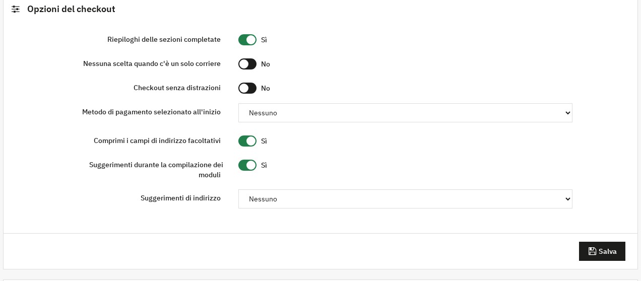 Pannello Opzioni del checkout: riepiloghi delle sezioni, corriere unico, checkout senza distrazioni, metodo di pagamento selezionato, campi compressi, suggerimenti durante la compilazione e suggerimenti di indirizzo
