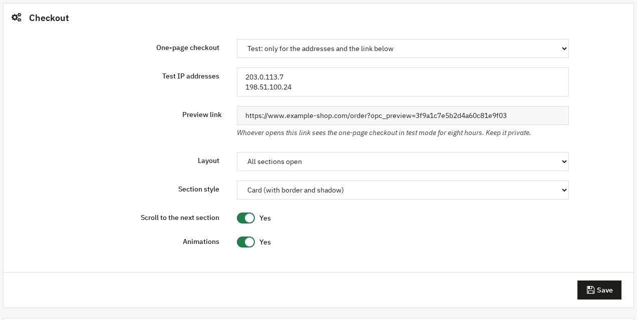 Settings page: mode of the one-page checkout (on, test, off), test addresses, preview link, layout, section style, scrolling and animations