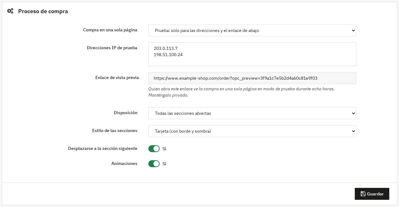 Página de configuración: modo de la compra en una sola página (activo, prueba, desactivado), direcciones de prueba, enlace de vista previa, disposición, estilo de las secciones, desplazamiento y animaciones