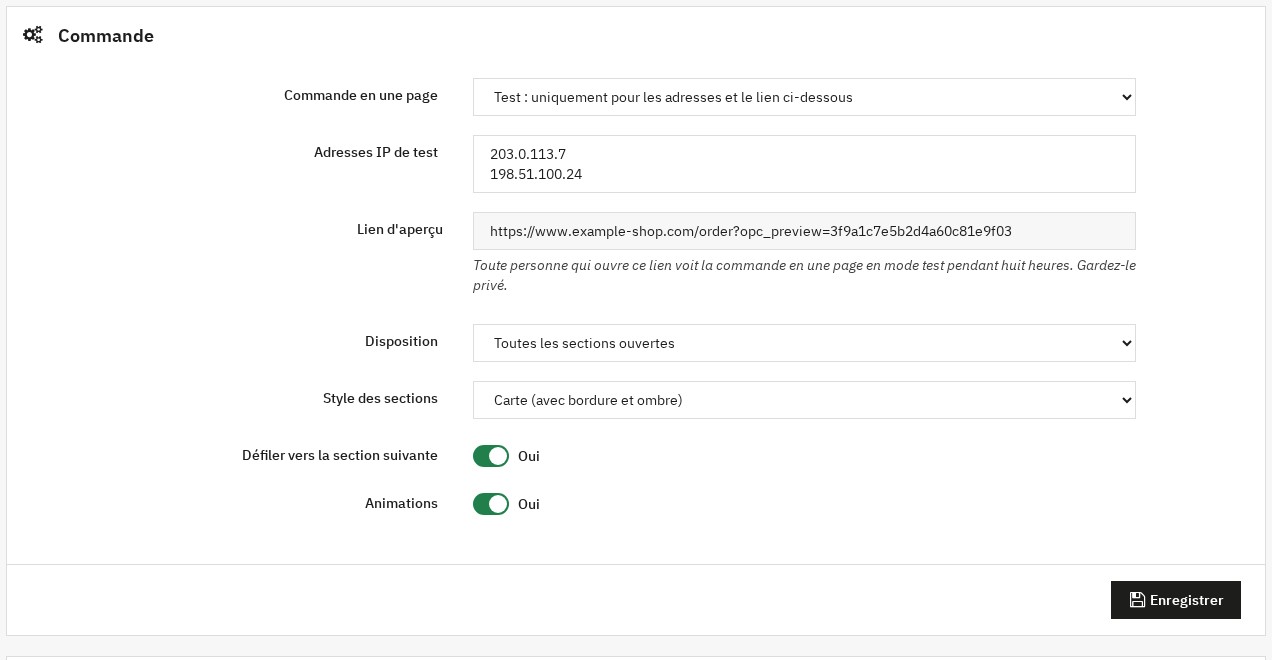 Page de configuration : mode de la commande en une page (actif, test, désactivé), adresses de test, lien d’aperçu, disposition, style des sections, défilement et animations