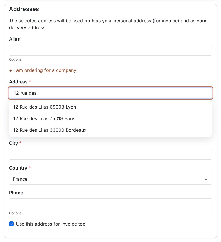 Address form with a list of suggestions under the Address field: the customer types “12 rue des” and picks a complete address
