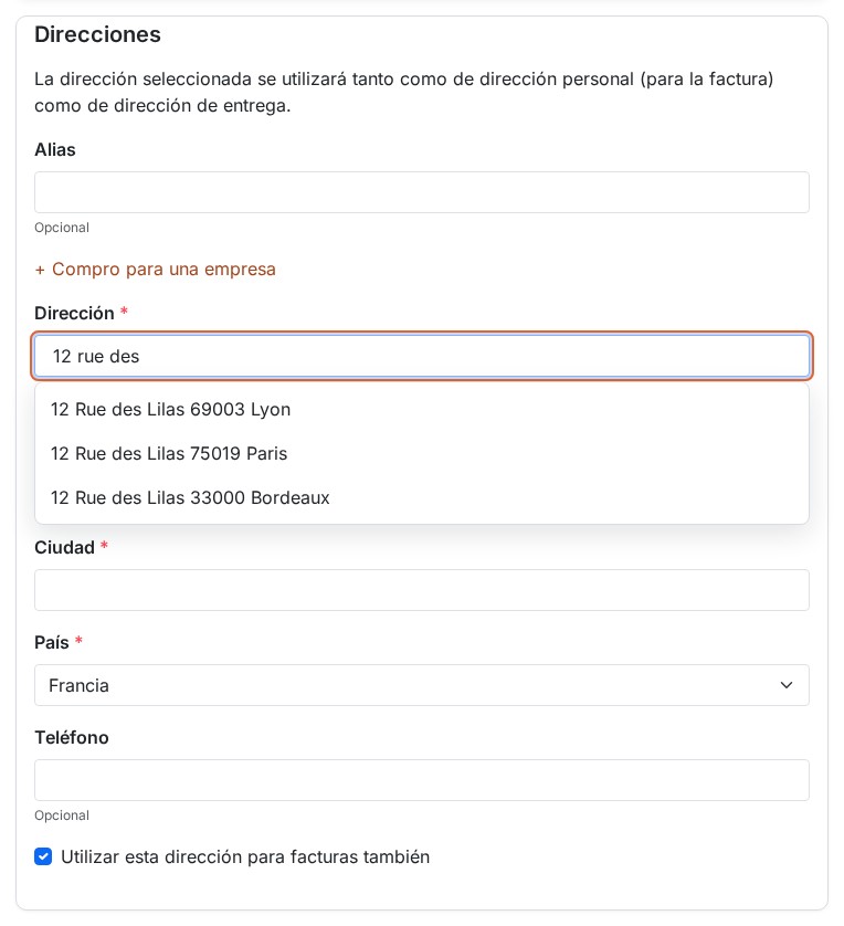 Formulario de dirección con una lista de sugerencias bajo el campo Dirección: el cliente escribe «12 rue des» y elige una dirección completa