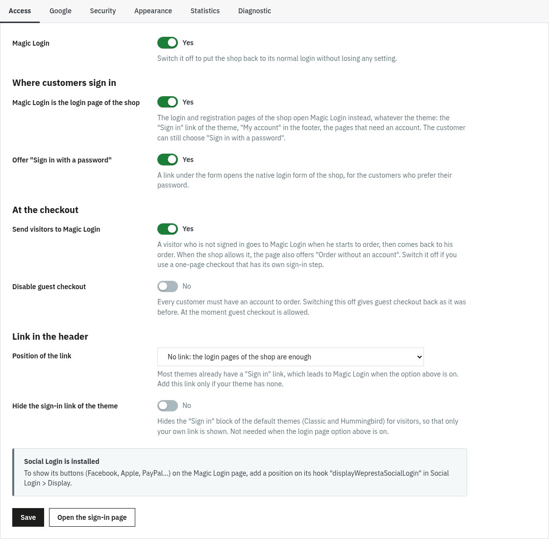 Access tab of the back office: switches for the login page of the shop, the password link, the redirection from the cart, guest checkout and the position of the link in the header.