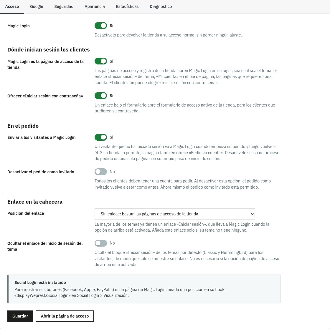 Pestaña Acceso del back office: interruptores de la página de acceso de la tienda, del enlace con contraseña, de la redirección desde el carrito, del pedido como invitado y posición del enlace en la cabecera.