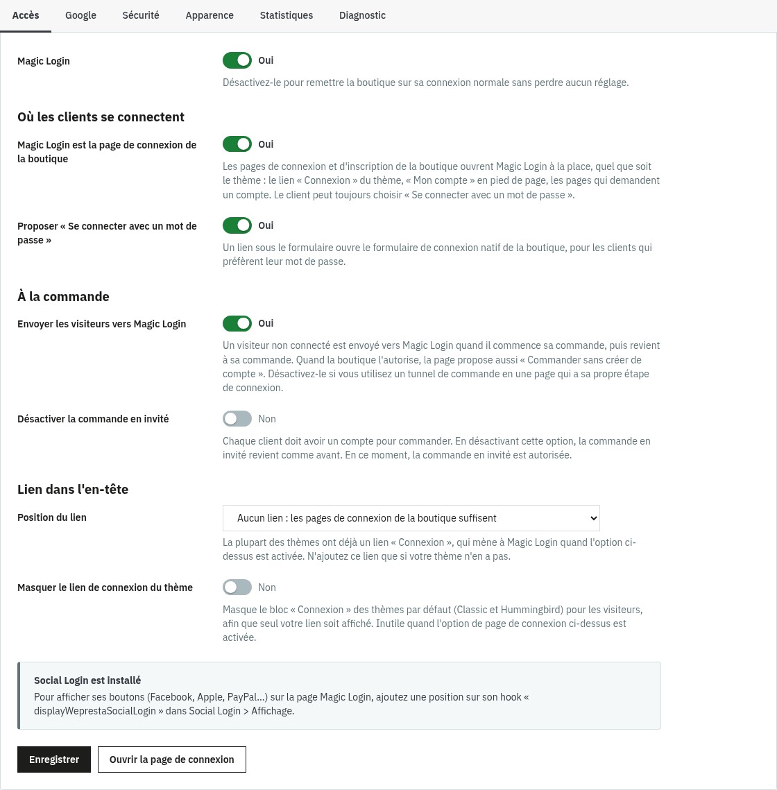 Onglet Accès du back-office : interrupteurs de la page de connexion de la boutique, du lien mot de passe, de la redirection depuis le panier, de la commande en invité et position du lien dans l’en-tête.
