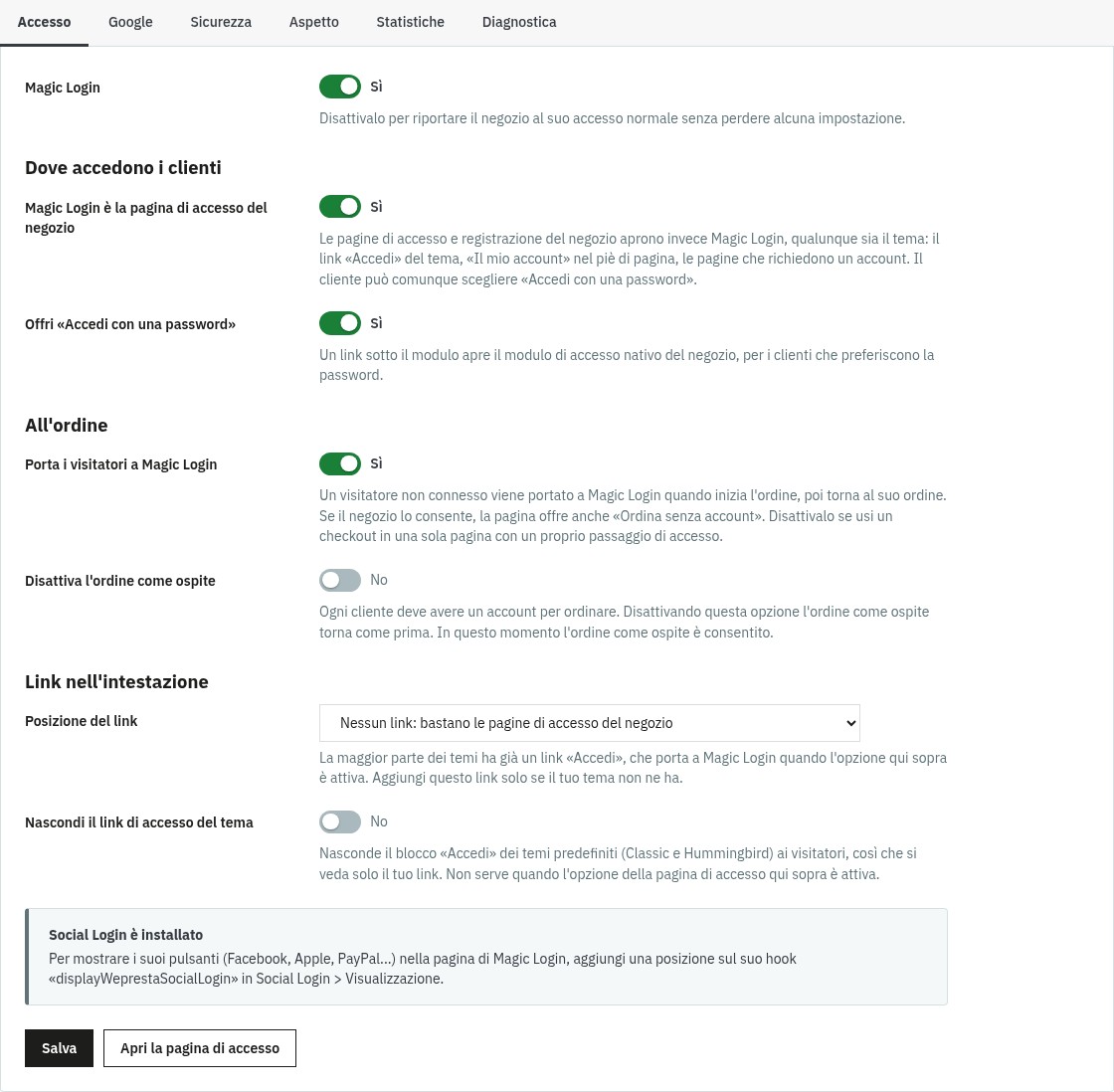 Scheda Accesso del back office: interruttori della pagina di accesso del negozio, del link con password, del reindirizzamento dal carrello, dell’ordine come ospite e posizione del link nell’intestazione.