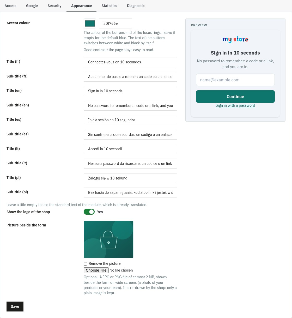Appearance tab of the back office: accent colour with a contrast notice, a title and a sub-title for each language, the logo option and the picture beside the form, with a preview.