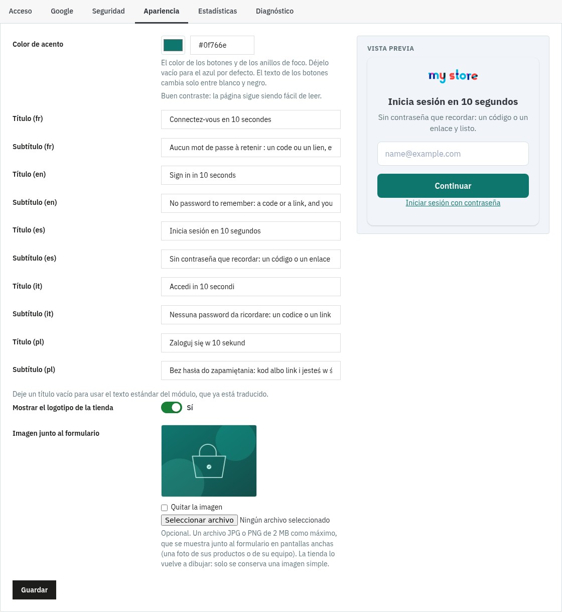 Pestaña Apariencia del back office: color de acento con un aviso de contraste, un título y un subtítulo para cada idioma, la opción del logotipo y la imagen junto al formulario, con una vista previa.