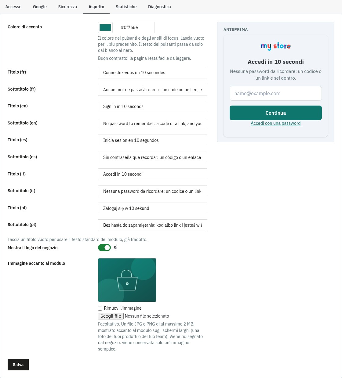 Scheda Aspetto del back office: colore di accento con un avviso di contrasto, un titolo e un sottotitolo per ogni lingua, l’opzione del logo e l’immagine accanto al modulo, con un’anteprima.