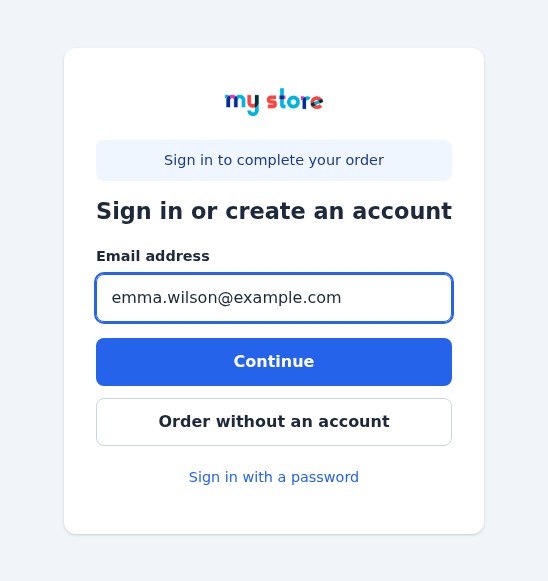 Sign-in page reached from the cart: the message Sign in to complete your order, the e-mail field and the Order without an account button.