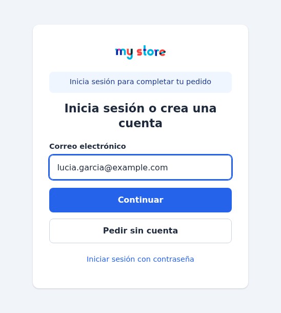 Página de acceso a la que se llega desde el carrito: el mensaje Inicia sesión para completar tu pedido, el campo de e-mail y el botón Pedir sin cuenta.