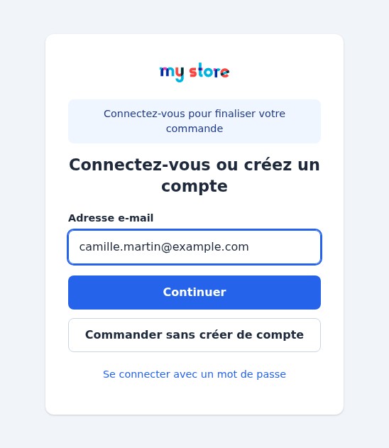 Page de connexion atteinte depuis le panier : le message Connectez-vous pour finaliser votre commande, le champ e-mail et le bouton Commander sans créer de compte.
