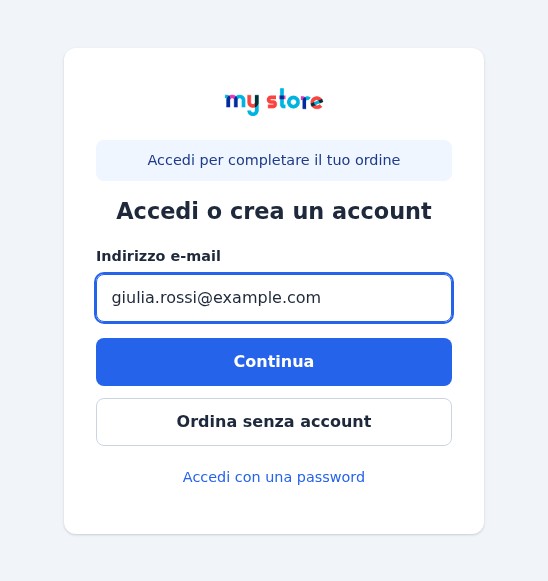 Pagina di accesso raggiunta dal carrello: il messaggio Accedi per completare il tuo ordine, il campo e-mail e il pulsante Ordina senza account.