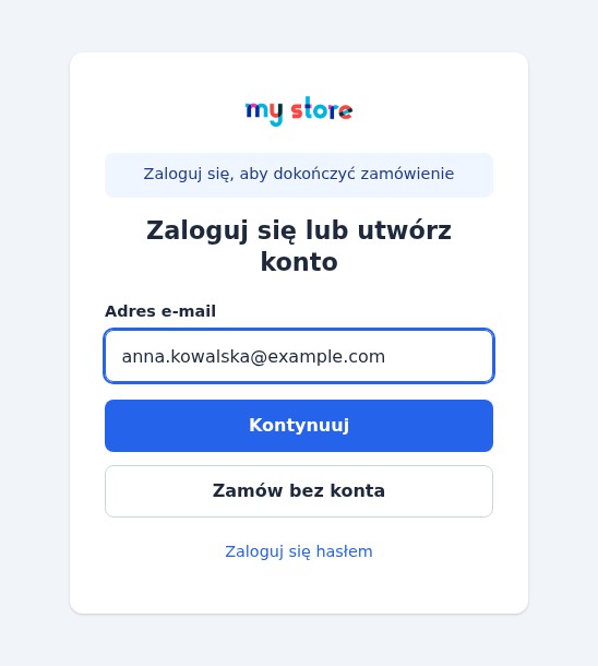 Strona logowania otwarta z koszyka: komunikat Zaloguj się, aby dokończyć zamówienie, pole e-mail i przycisk Zamów bez konta.